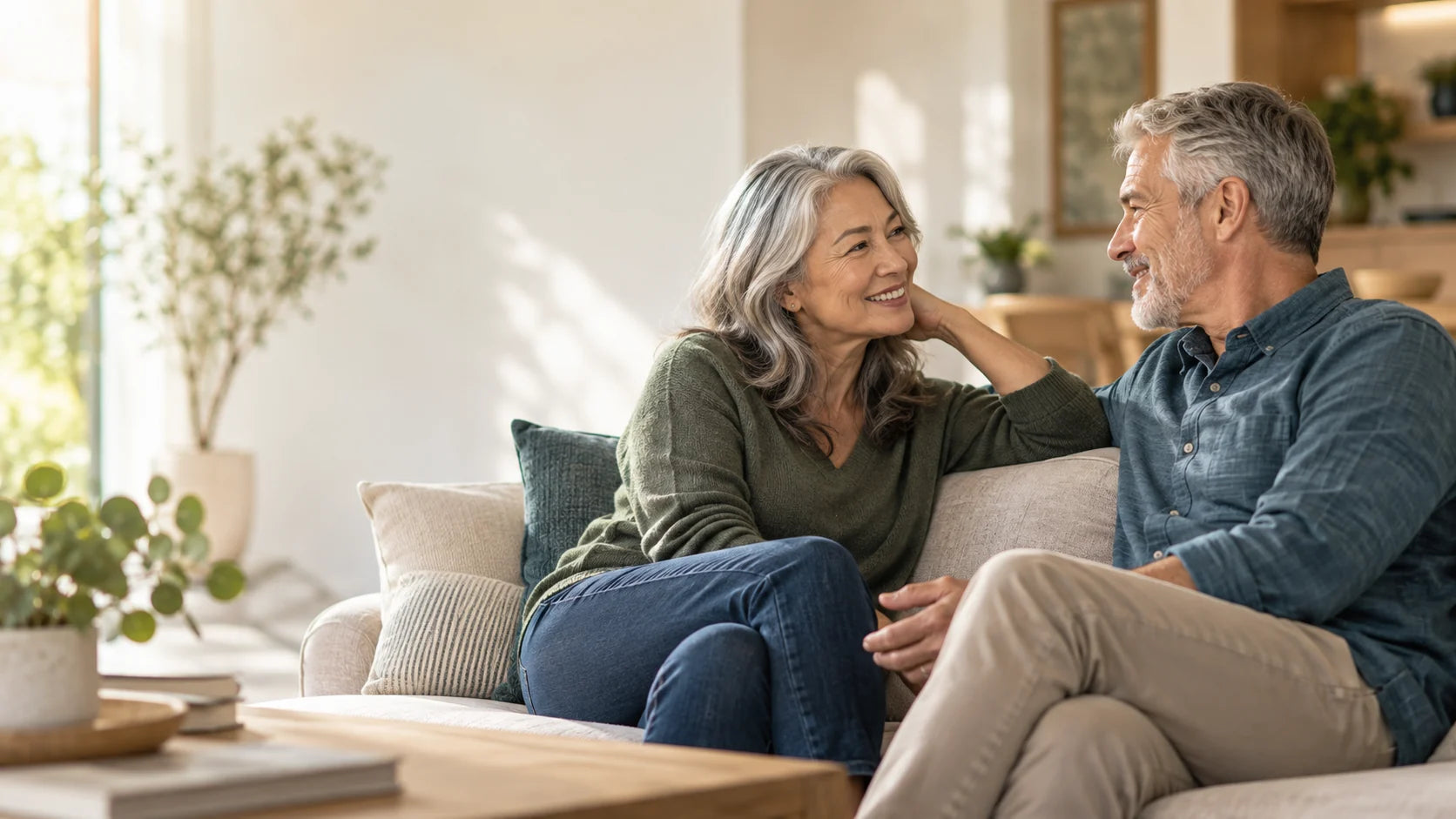 An older couple sharing a conversation at home